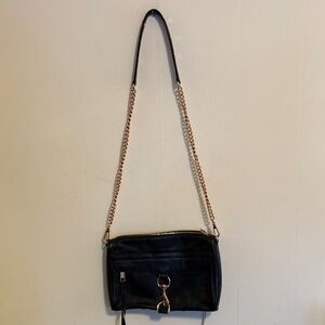 Black leather Crossbody Bag with Gold Chain